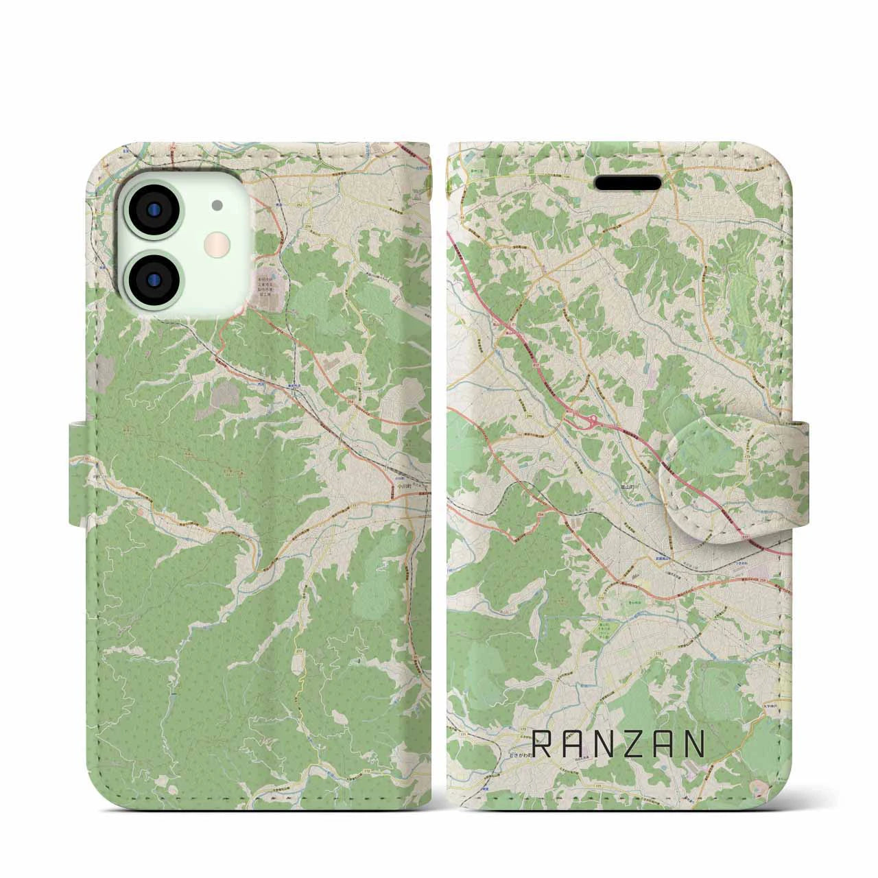 【嵐山(埼玉県)】地図柄iPhoneケース(手帳タイプ)ナチュラル・iPhone 12 mini 用