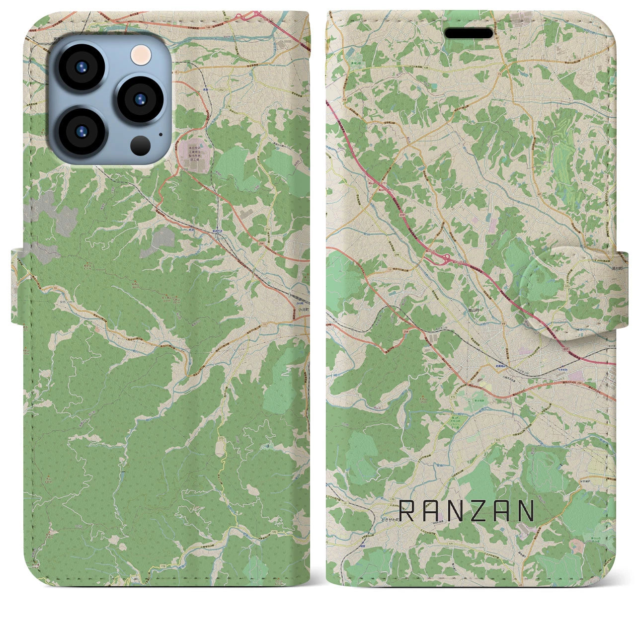【嵐山(埼玉県)】地図柄iPhoneケース(手帳タイプ)ナチュラル・iPhone 13 Pro Max 用