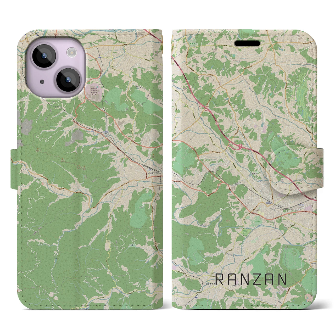 【嵐山(埼玉県)】地図柄iPhoneケース(手帳タイプ)ナチュラル・iPhone 14 用