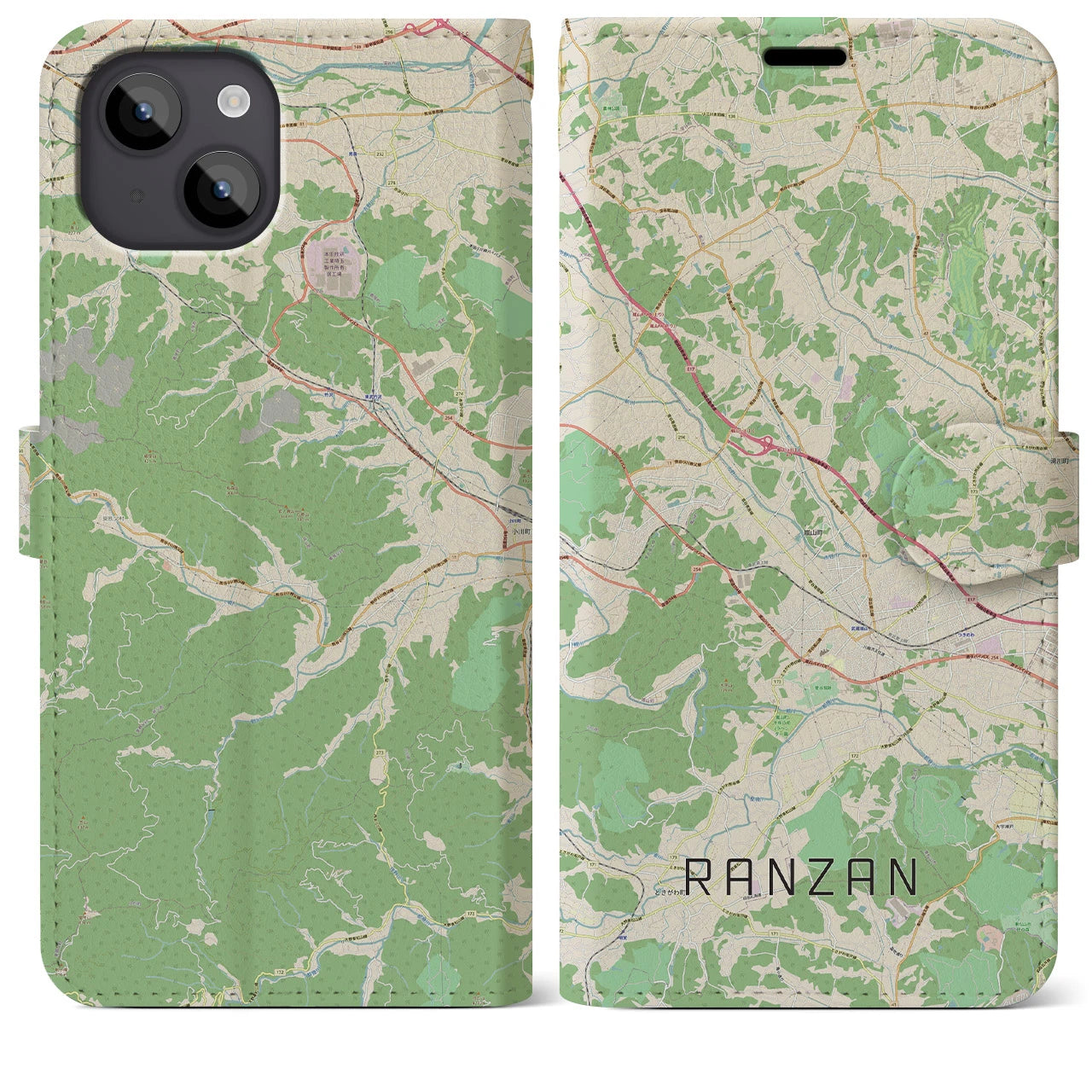【嵐山(埼玉県)】地図柄iPhoneケース(手帳タイプ)ナチュラル・iPhone 14 Plus 用