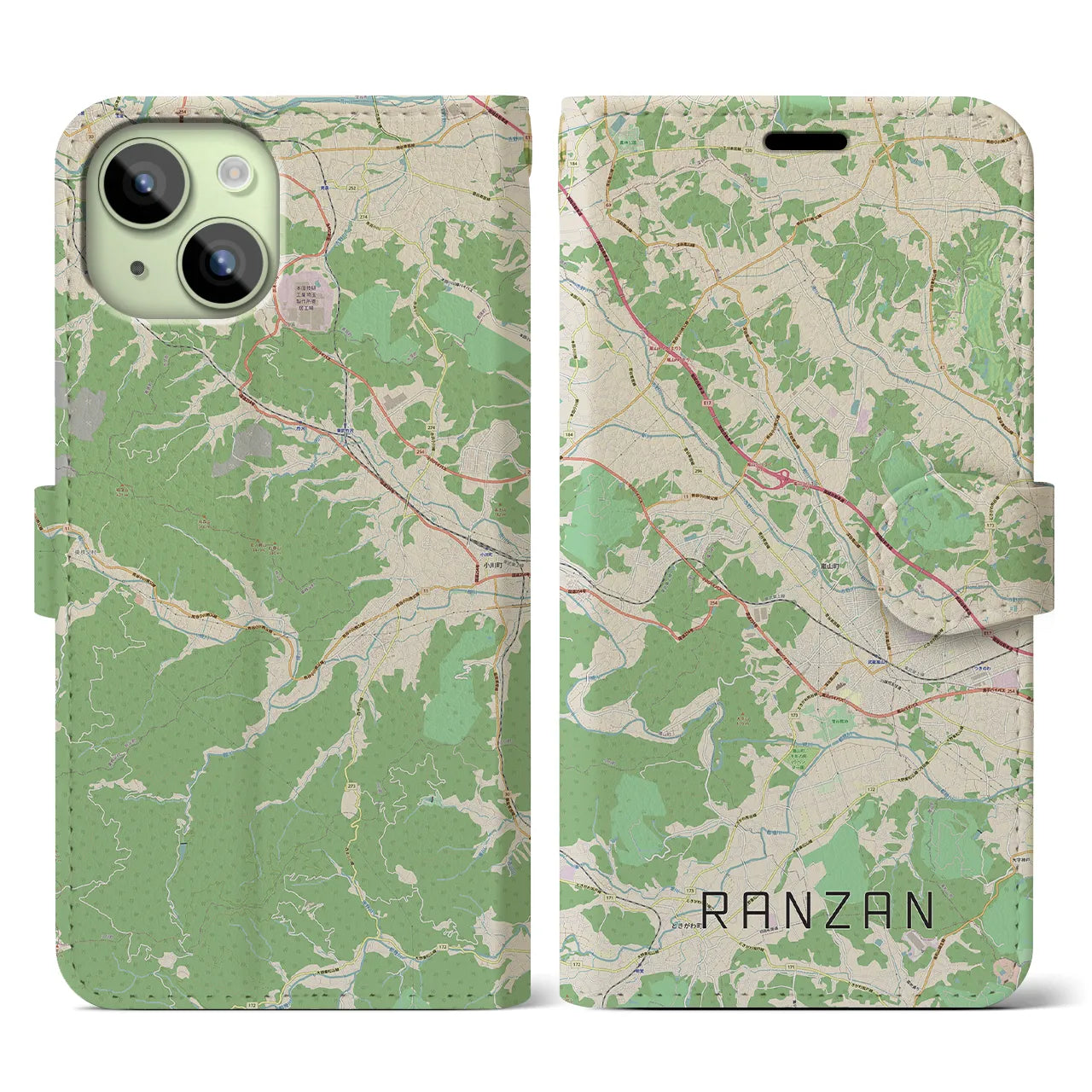 【嵐山(埼玉県)】地図柄iPhoneケース(手帳タイプ)ナチュラル・iPhone 15 用