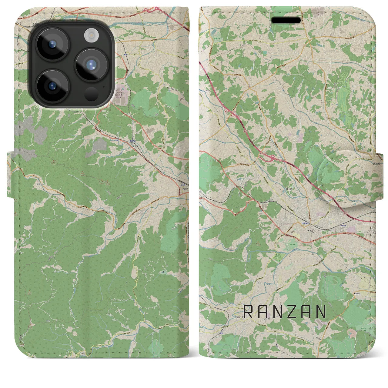 【嵐山(埼玉県)】地図柄iPhoneケース(手帳タイプ)ナチュラル・iPhone 15 Pro Max 用