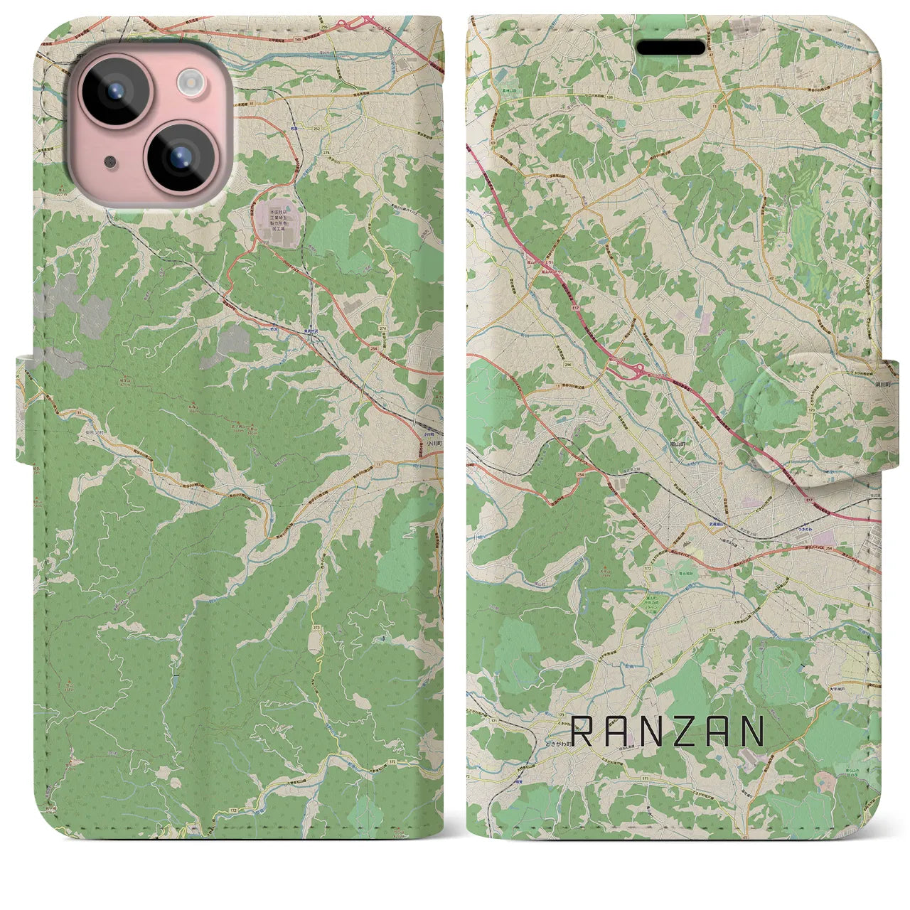 【嵐山(埼玉県)】地図柄iPhoneケース(手帳タイプ)ナチュラル・iPhone 15 Plus 用