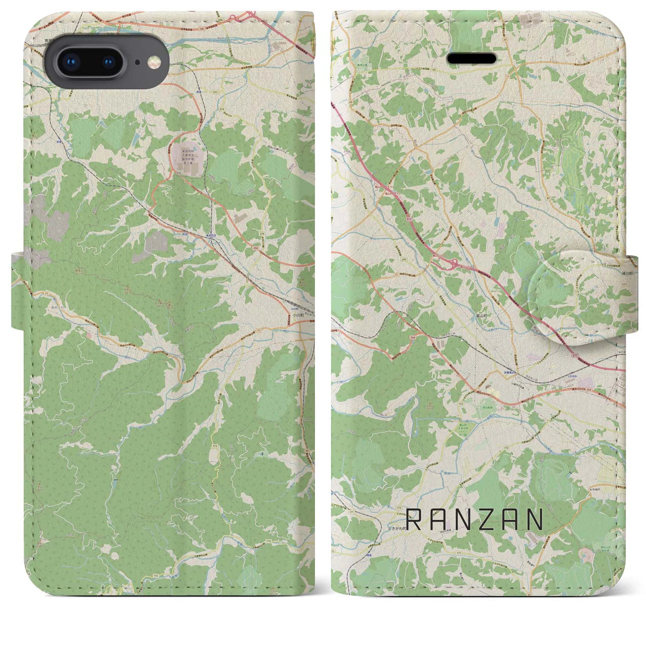 【嵐山(埼玉県)】地図柄iPhoneケース(手帳タイプ)ナチュラル・iPhone 8Plus /7Plus / 6sPlus / 6Plus 用