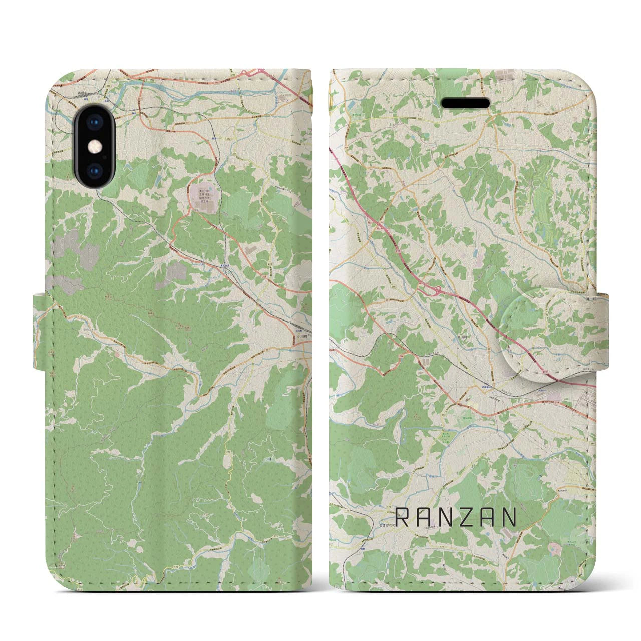 【嵐山(埼玉県)】地図柄iPhoneケース(手帳タイプ)ナチュラル・iPhone XS / X 用