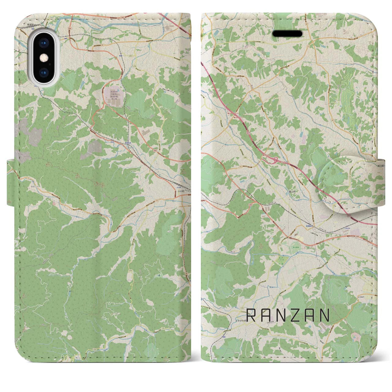 【嵐山(埼玉県)】地図柄iPhoneケース(手帳タイプ)ナチュラル・iPhone XS Max 用