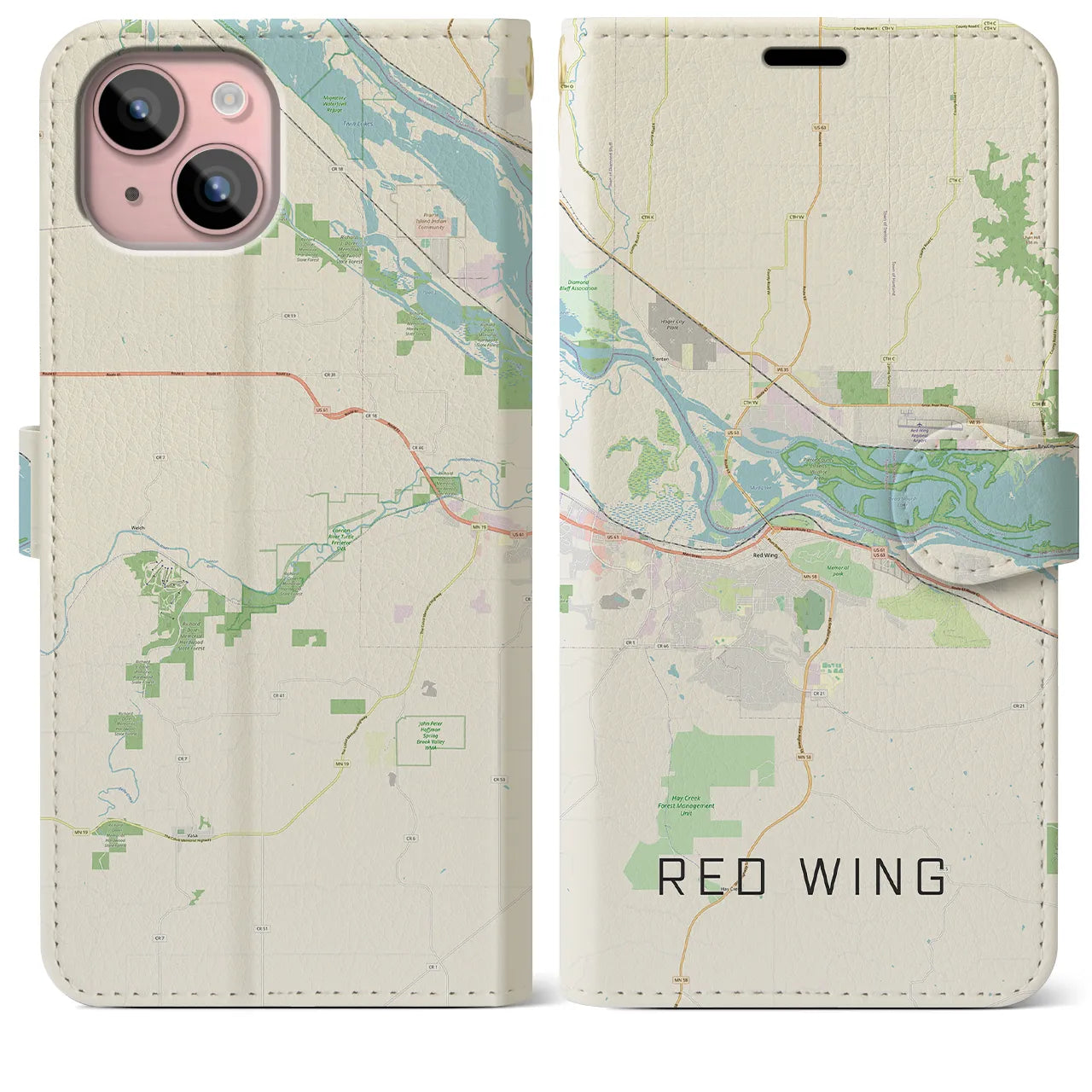 【レッドウイング(アメリカ)】地図柄iPhoneケース(手帳タイプ)ナチュラル・iPhone 15 Plus 用