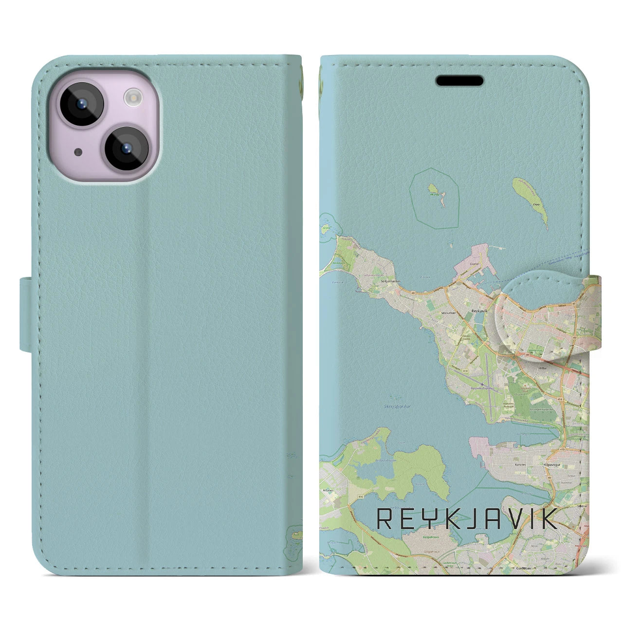【レイキャヴィーク(アイスランド)】地図柄iPhoneケース(手帳タイプ)ナチュラル・iPhone 14 用