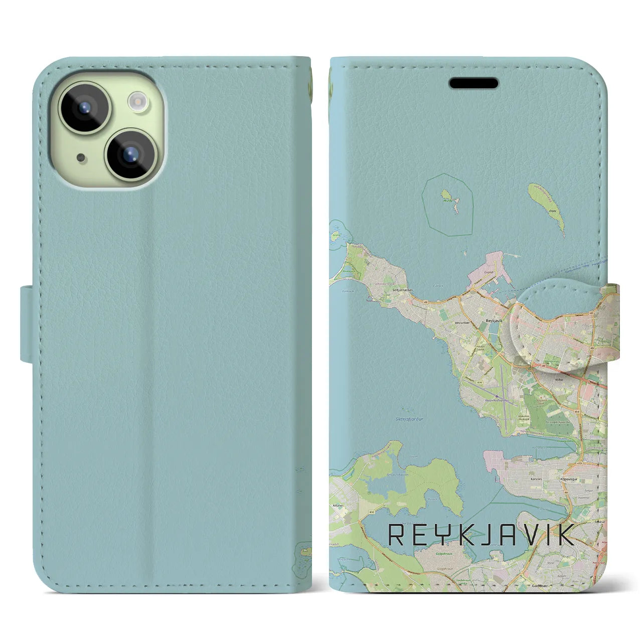【レイキャヴィーク(アイスランド)】地図柄iPhoneケース(手帳タイプ)ナチュラル・iPhone 15 用