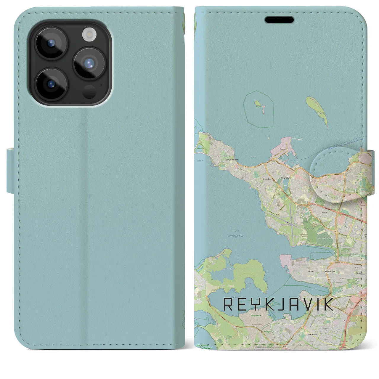 【レイキャヴィーク(アイスランド)】地図柄iPhoneケース(手帳タイプ)ナチュラル・iPhone 15 Pro Max 用