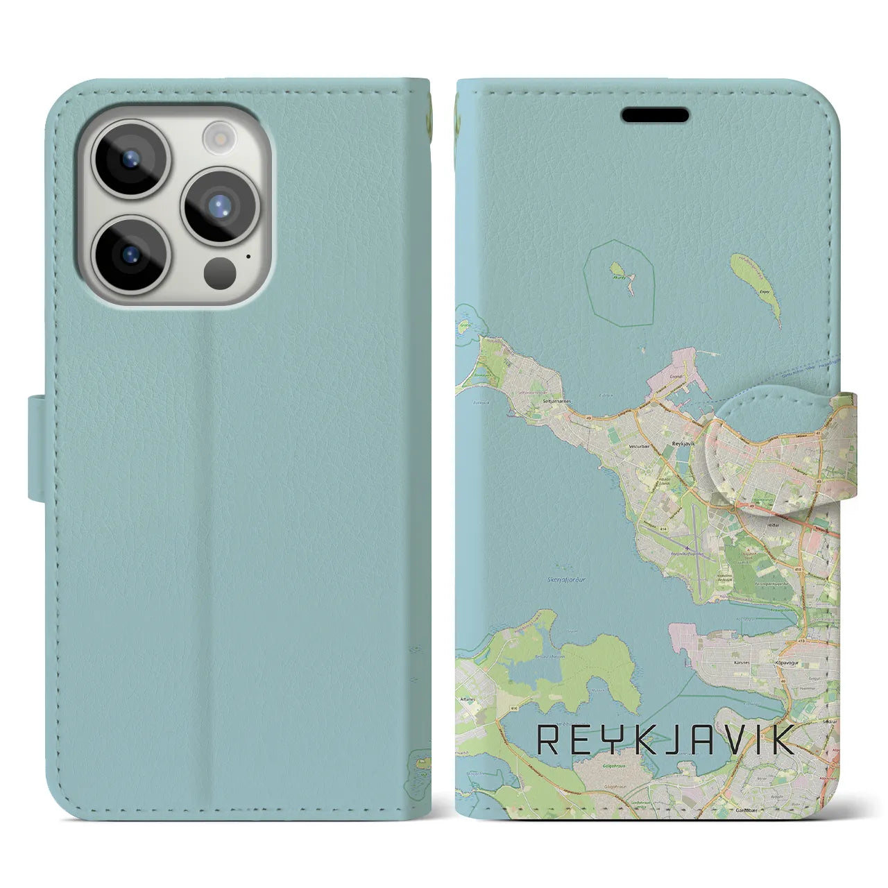 【レイキャヴィーク(アイスランド)】地図柄iPhoneケース(手帳タイプ)ナチュラル・iPhone 15 Pro 用