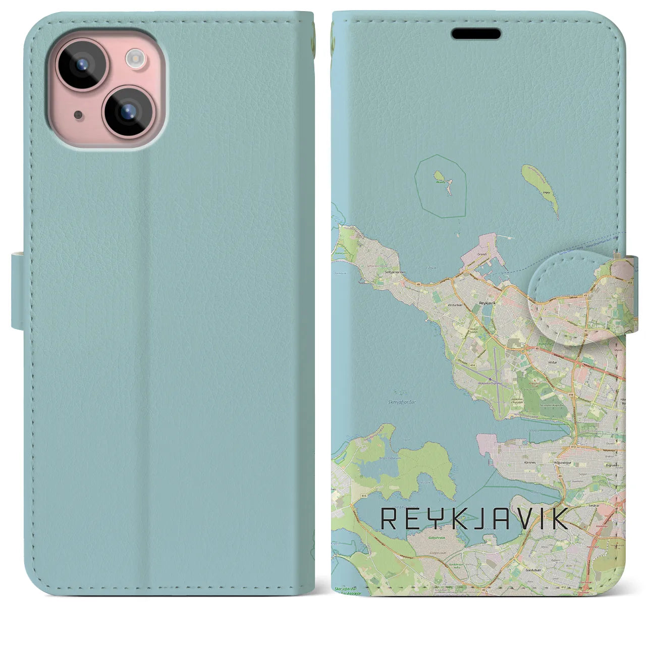 【レイキャヴィーク(アイスランド)】地図柄iPhoneケース(手帳タイプ)ナチュラル・iPhone 15 Plus 用