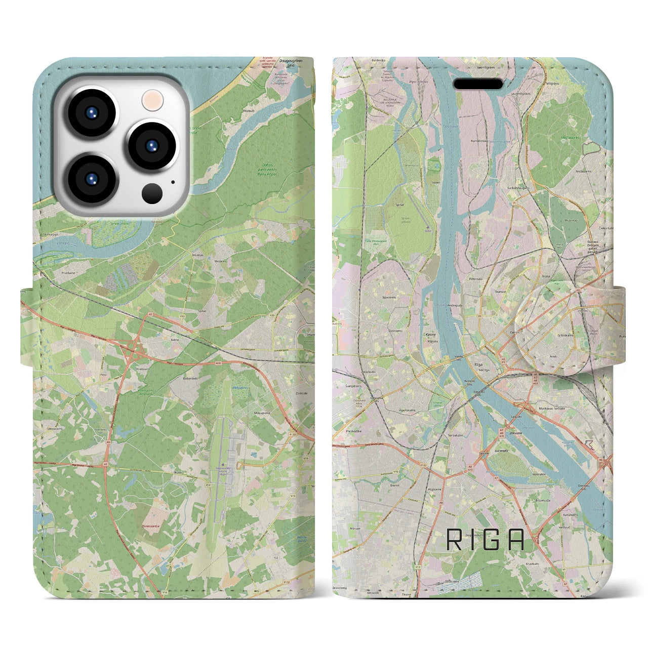 【リガ(ラトビア)】地図柄iPhoneケース(手帳タイプ)ナチュラル・iPhone 13 Pro 用