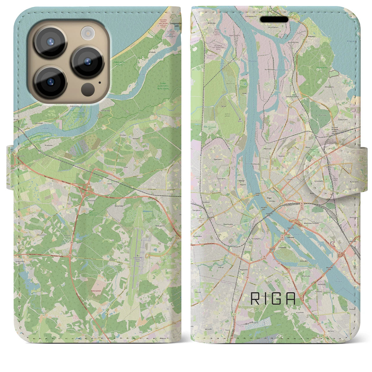 【リガ(ラトビア)】地図柄iPhoneケース(手帳タイプ)ナチュラル・iPhone 14 Pro Max 用