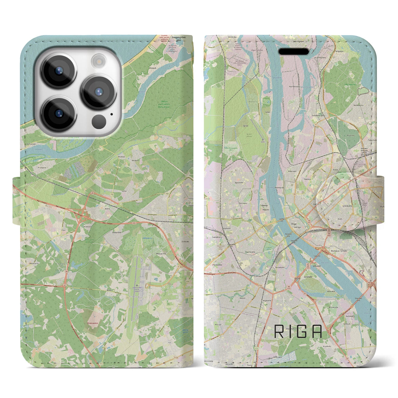 【リガ(ラトビア)】地図柄iPhoneケース(手帳タイプ)ナチュラル・iPhone 14 Pro 用