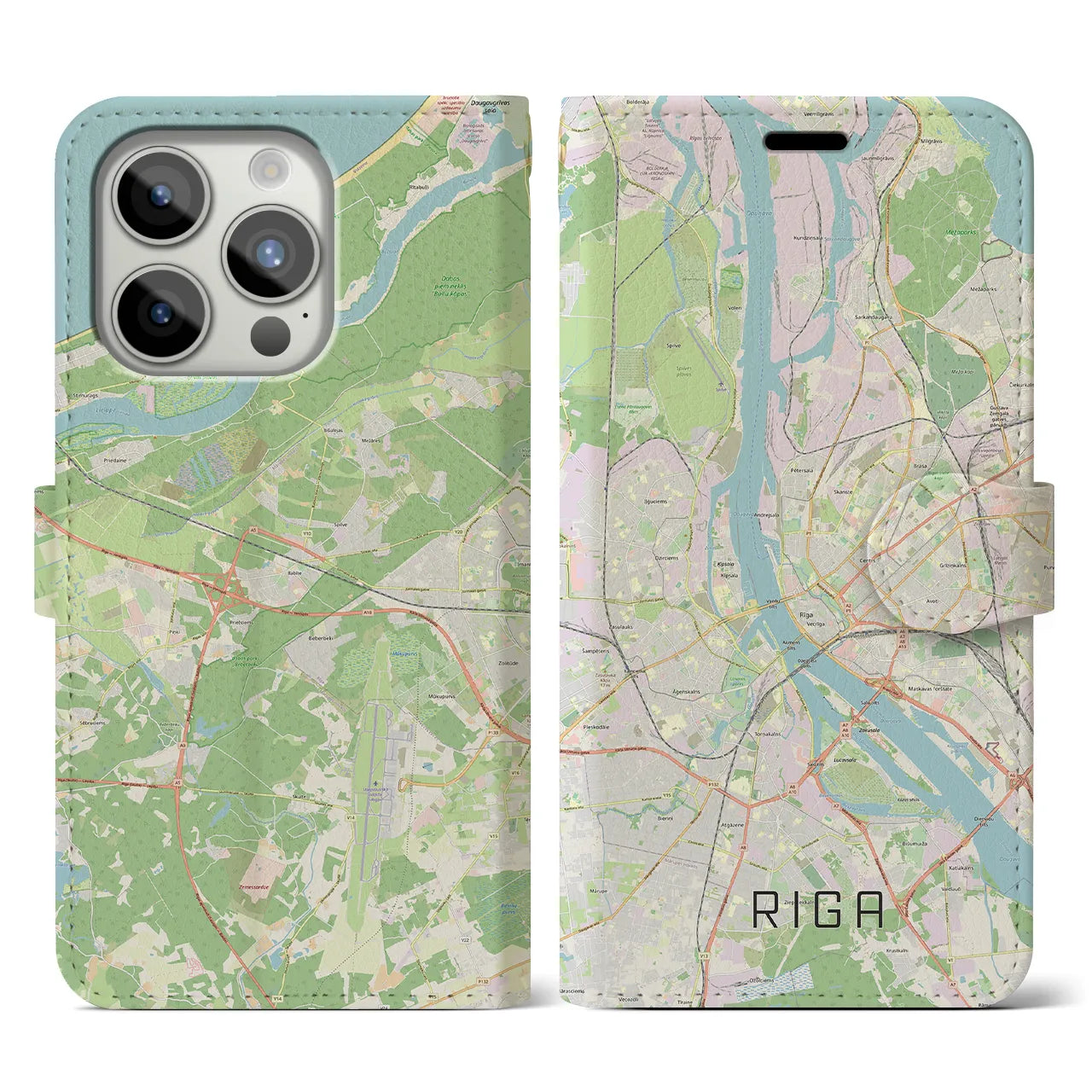 【リガ(ラトビア)】地図柄iPhoneケース(手帳タイプ)ナチュラル・iPhone 15 Pro 用