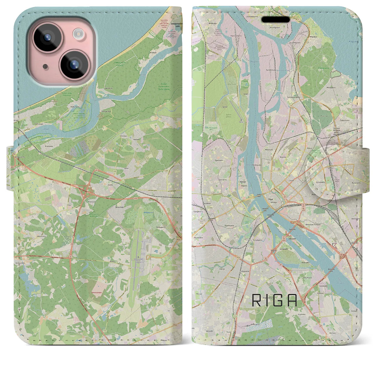 【リガ(ラトビア)】地図柄iPhoneケース(手帳タイプ)ナチュラル・iPhone 15 Plus 用