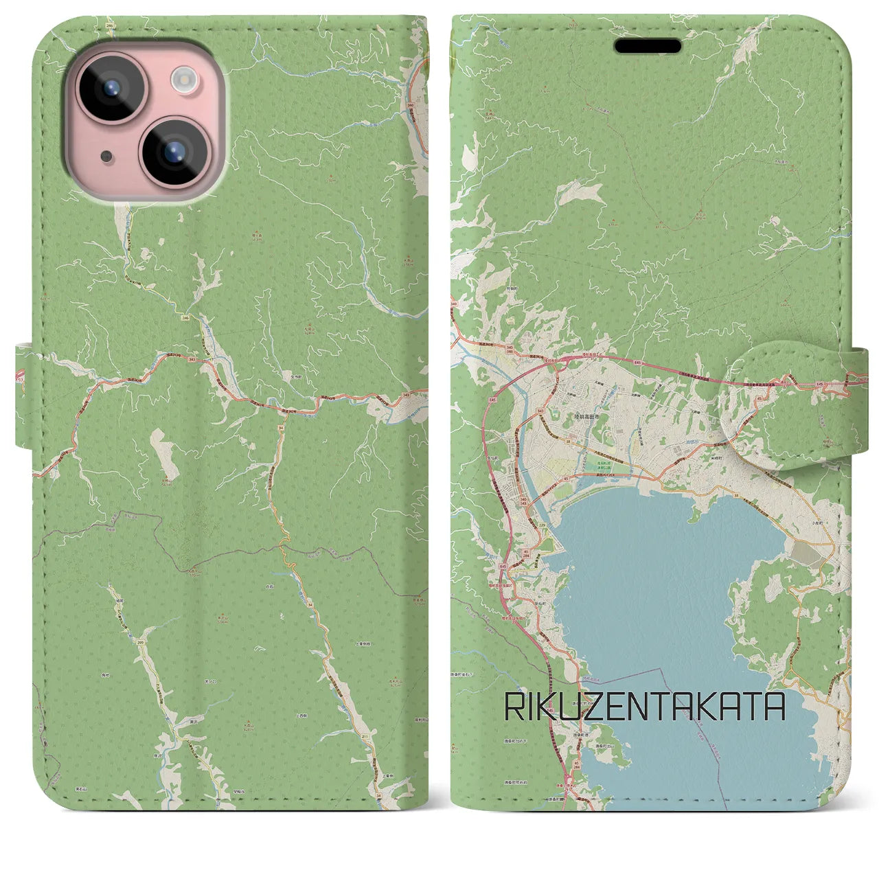 【陸前高田(岩手県)】地図柄iPhoneケース(手帳タイプ)ナチュラル・iPhone 15 Plus 用