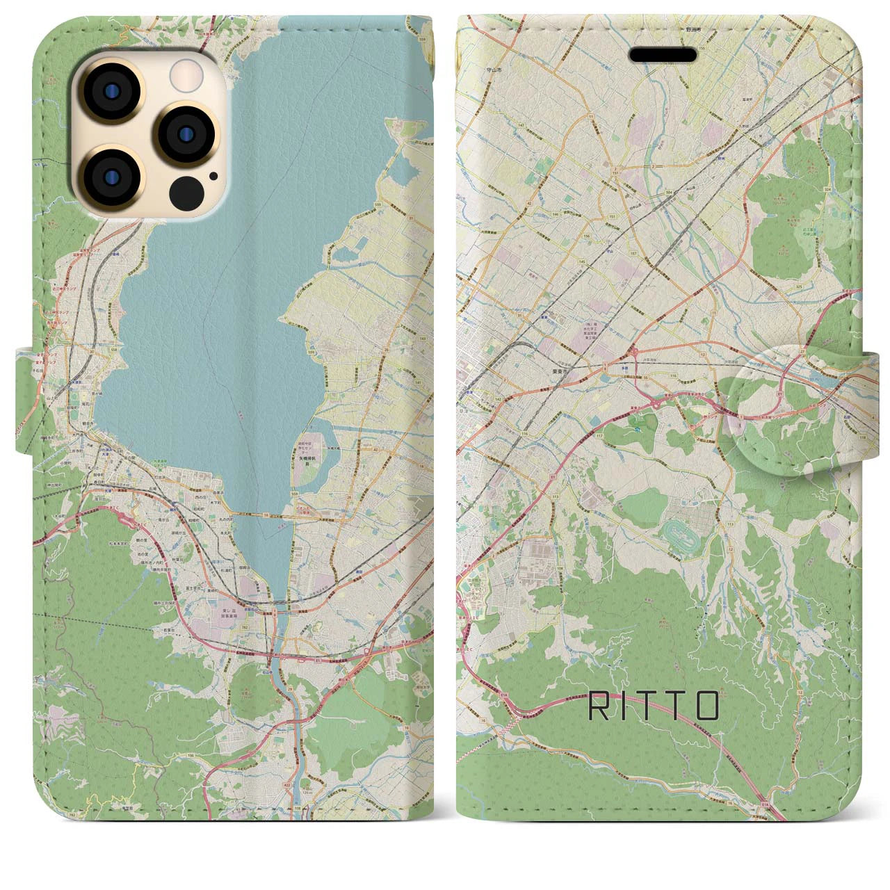 【栗東(滋賀県)】地図柄iPhoneケース(手帳タイプ)ナチュラル・iPhone 12 Pro Max 用