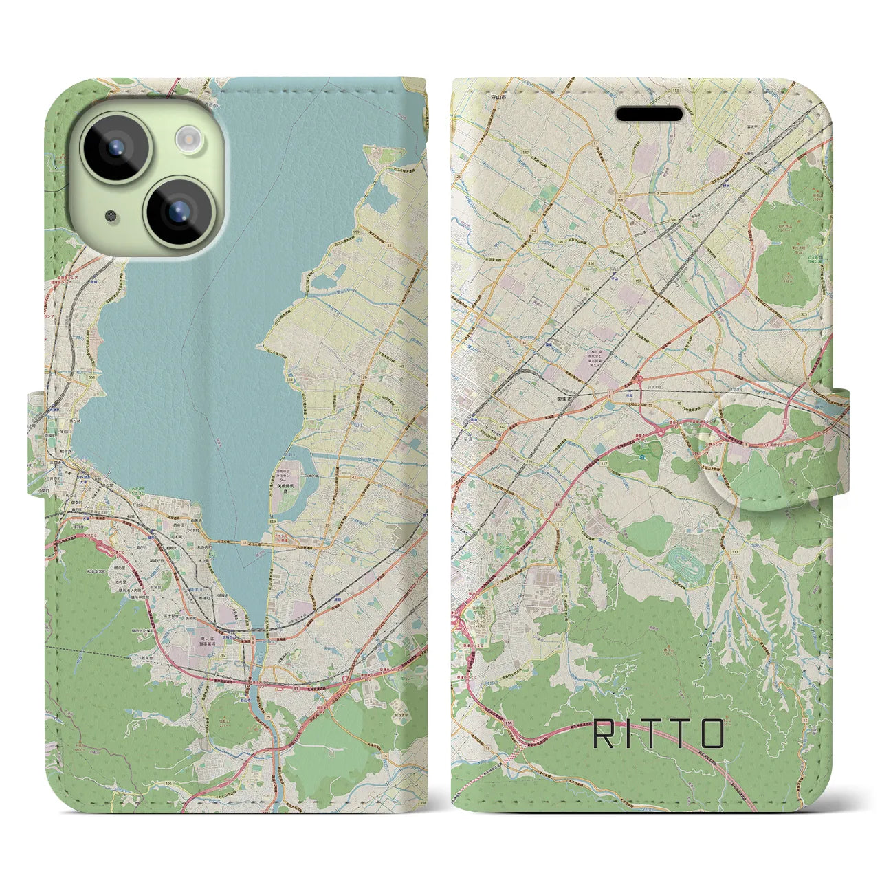 【栗東(滋賀県)】地図柄iPhoneケース(手帳タイプ)ナチュラル・iPhone 15 用