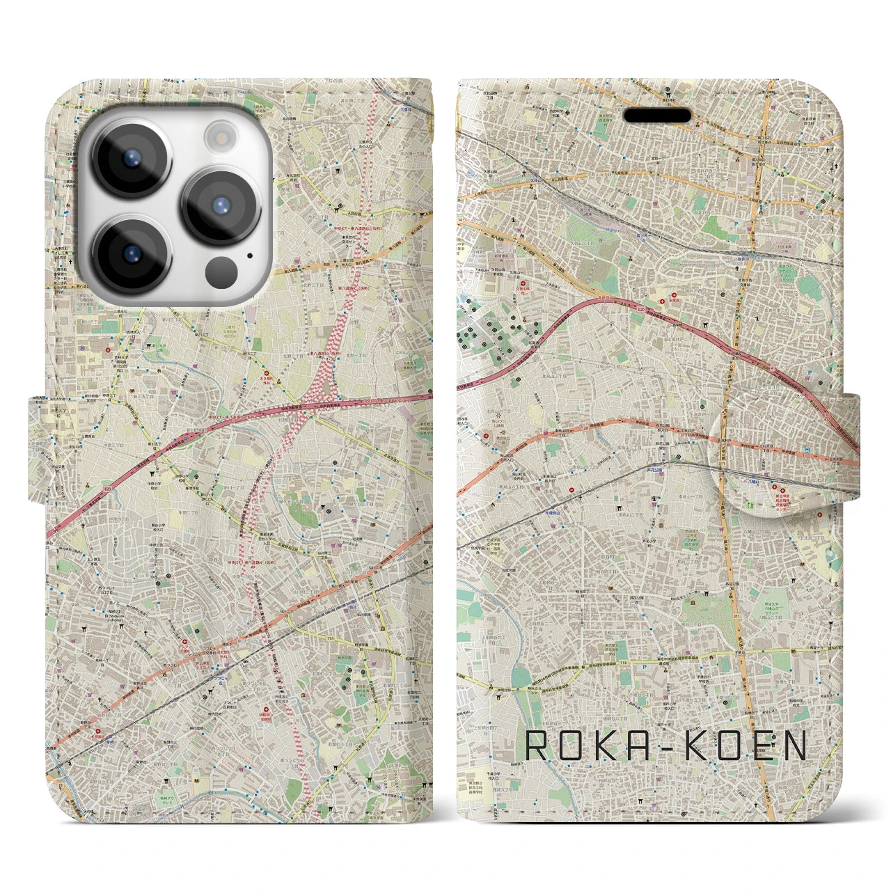 【芦花公園(東京都)】地図柄iPhoneケース(手帳タイプ)ナチュラル・iPhone 14 Pro 用