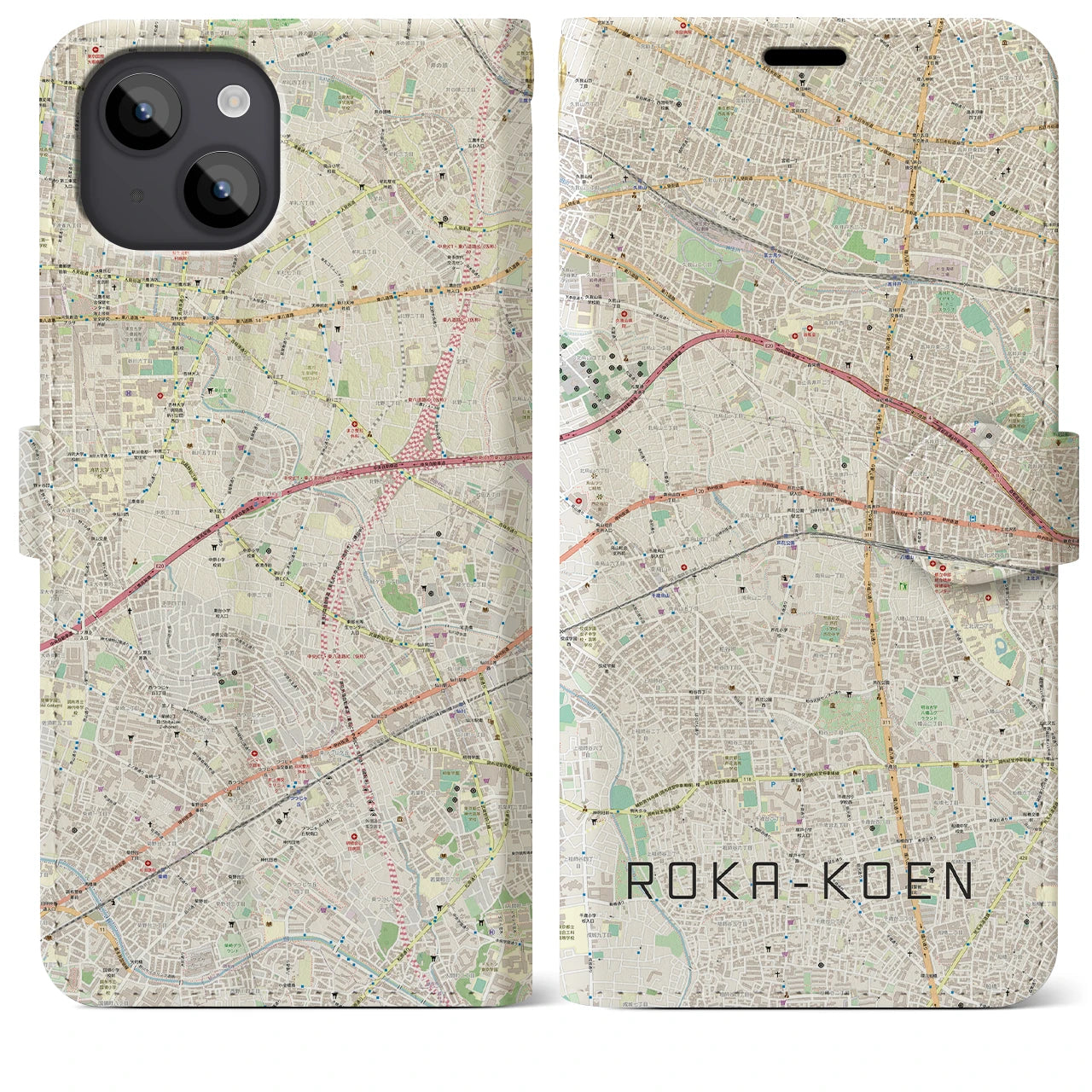【芦花公園(東京都)】地図柄iPhoneケース(手帳タイプ)ナチュラル・iPhone 14 Plus 用