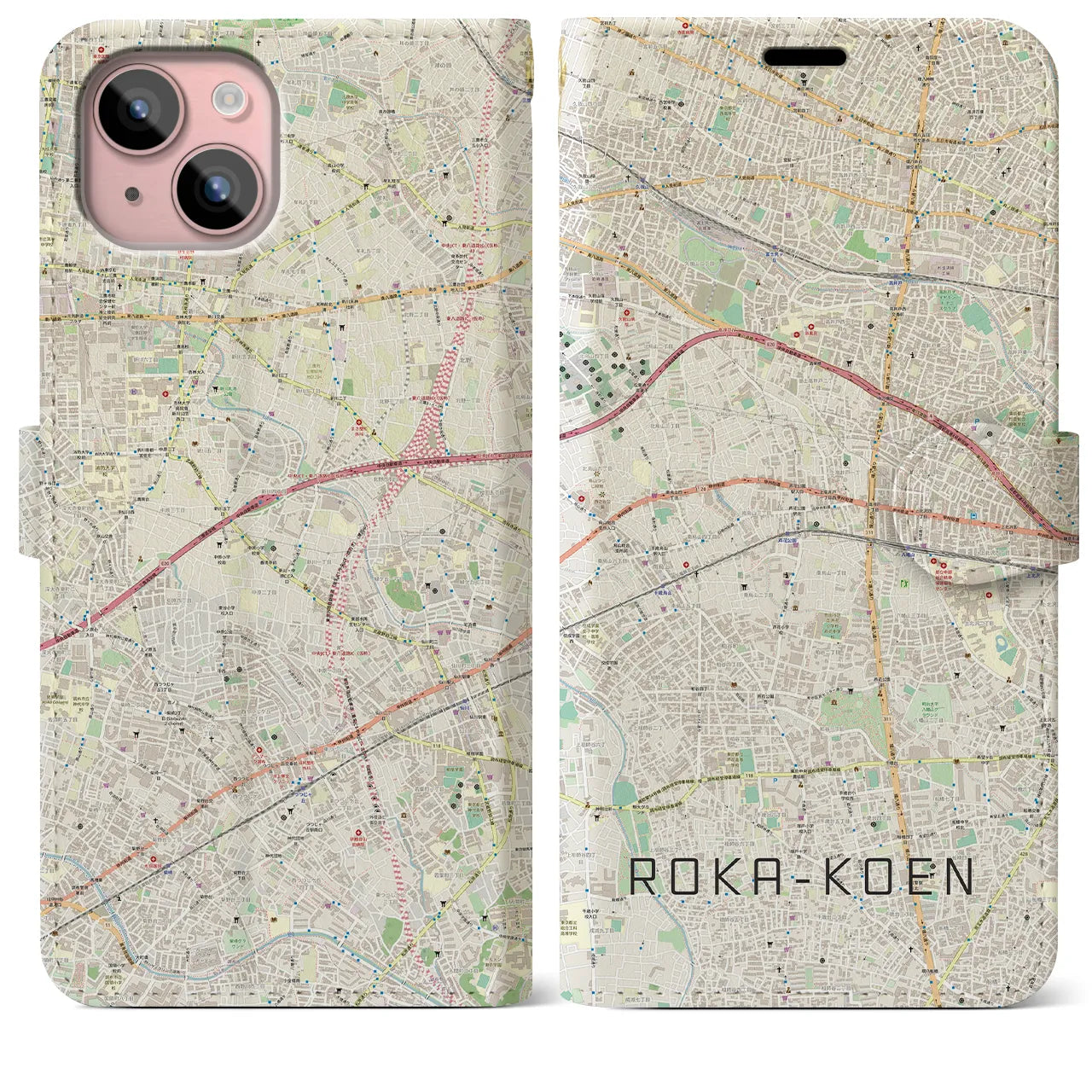 【芦花公園(東京都)】地図柄iPhoneケース(手帳タイプ)ナチュラル・iPhone 15 Plus 用