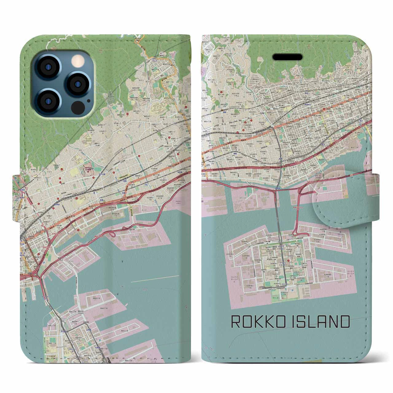 【六甲アイランド(兵庫県)】地図柄iPhoneケース(手帳タイプ)ナチュラル・iPhone 12 / 12 Pro 用