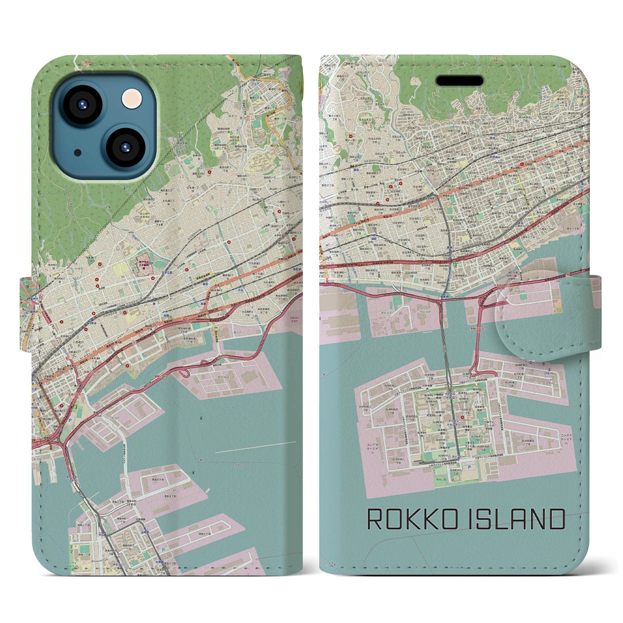 【六甲アイランド(兵庫県)】地図柄iPhoneケース(手帳タイプ)ナチュラル・iPhone 13 用