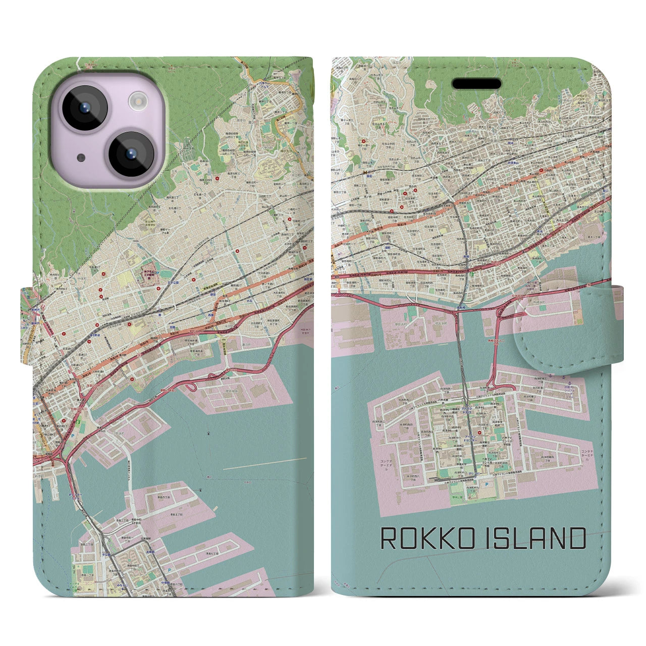 【六甲アイランド(兵庫県)】地図柄iPhoneケース(手帳タイプ)ナチュラル・iPhone 14 用