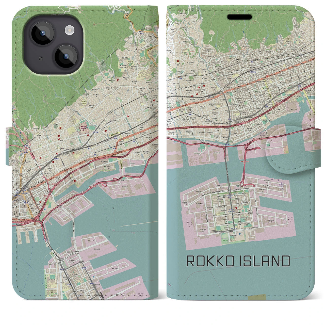 【六甲アイランド(兵庫県)】地図柄iPhoneケース(手帳タイプ)ナチュラル・iPhone 14 Plus 用
