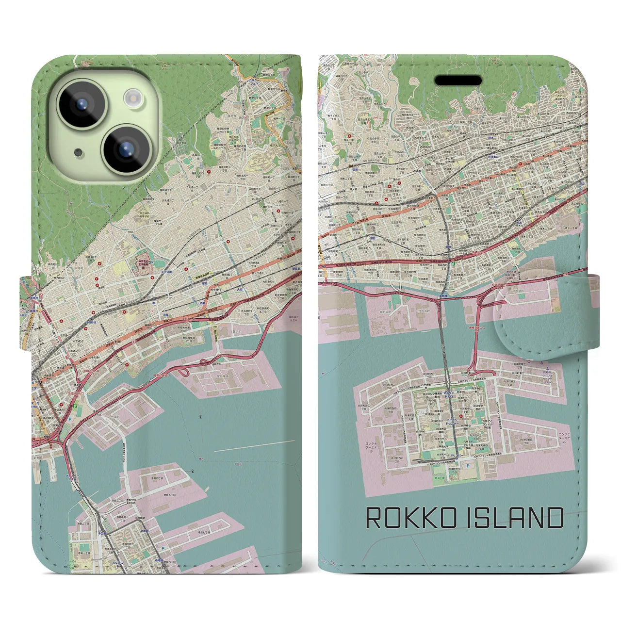【六甲アイランド(兵庫県)】地図柄iPhoneケース(手帳タイプ)ナチュラル・iPhone 15 用