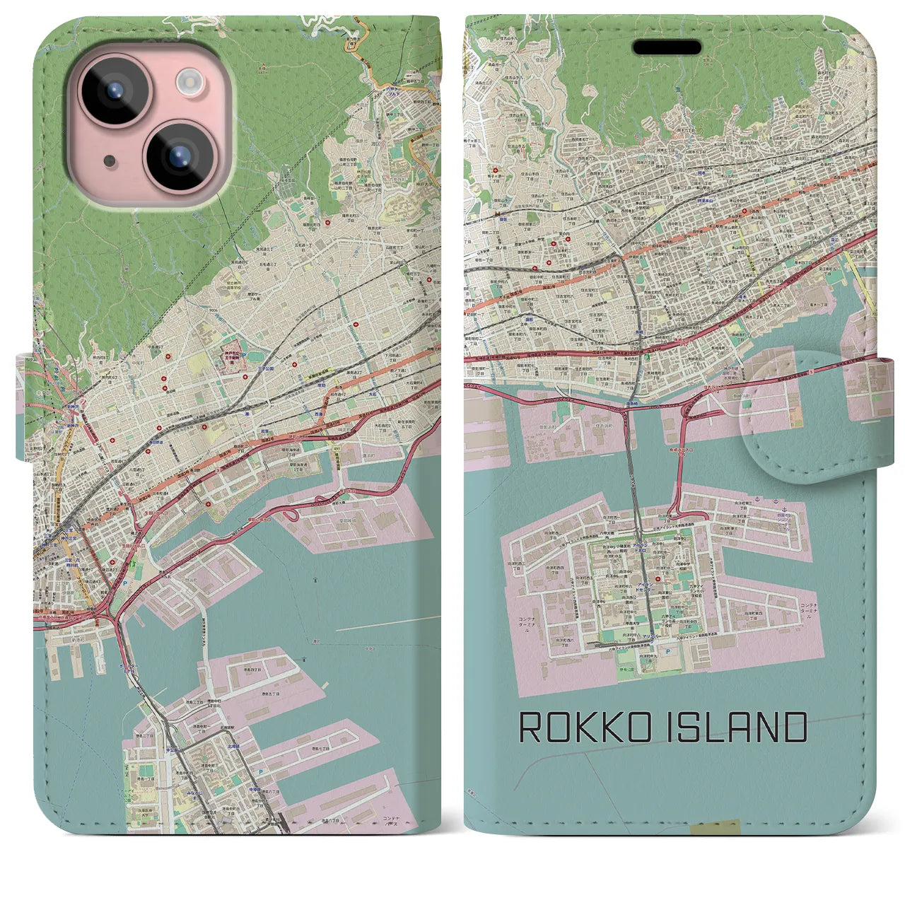 【六甲アイランド(兵庫県)】地図柄iPhoneケース(手帳タイプ)ナチュラル・iPhone 15 Plus 用