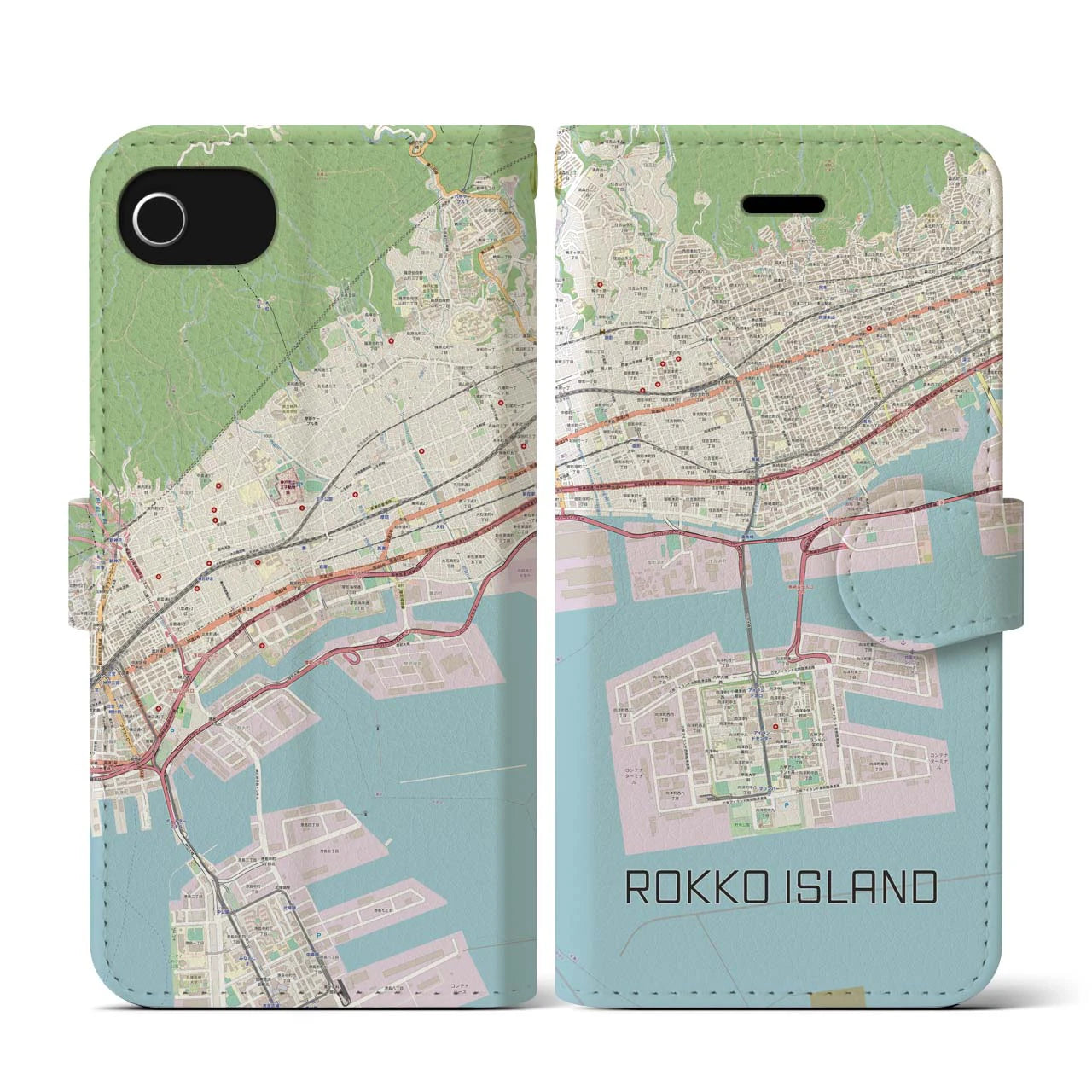 【六甲アイランド(兵庫県)】地図柄iPhoneケース(手帳タイプ)ナチュラル・iPhone SE(第3 / 第2世代) / 8 / 7 / 6s / 6 用