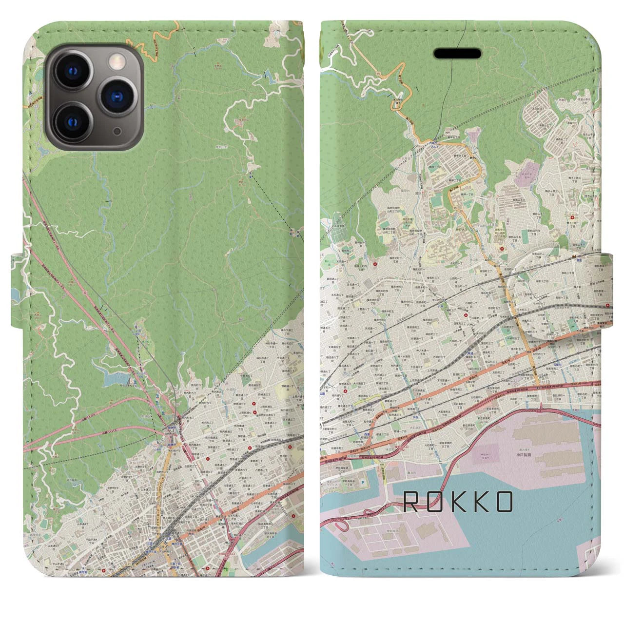 【六甲(兵庫県)】地図柄iPhoneケース(手帳タイプ)ナチュラル・iPhone 11 Pro Max 用