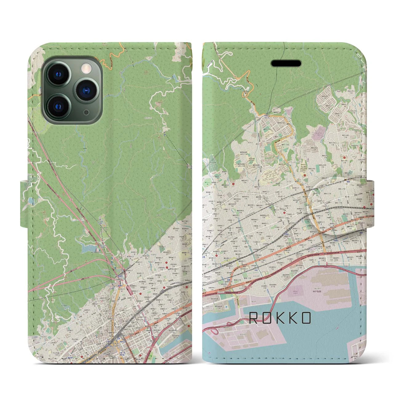 【六甲(兵庫県)】地図柄iPhoneケース(手帳タイプ)ナチュラル・iPhone 11 Pro 用