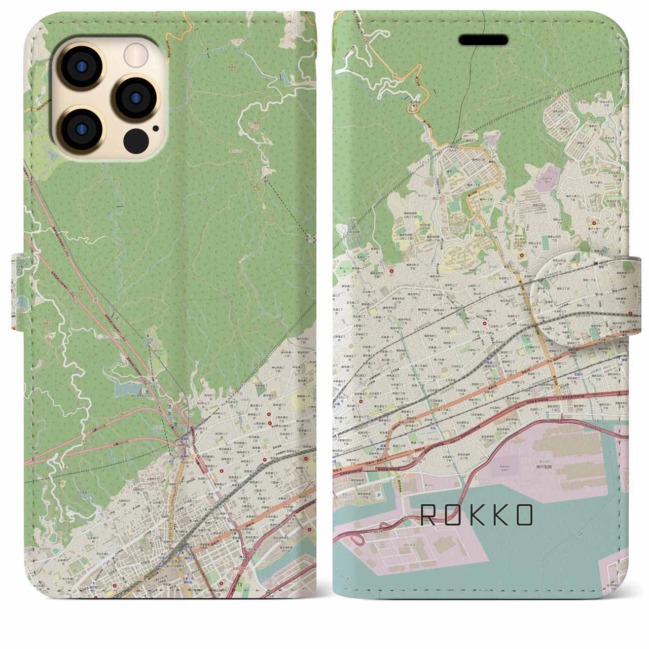 【六甲(兵庫県)】地図柄iPhoneケース(手帳タイプ)ナチュラル・iPhone 12 Pro Max 用