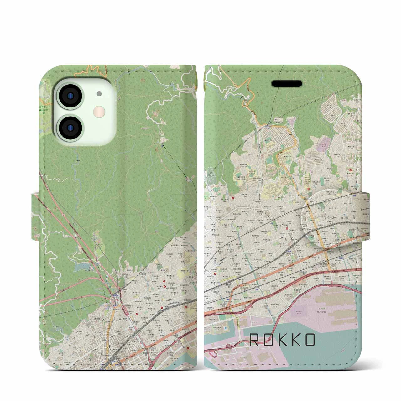 【六甲(兵庫県)】地図柄iPhoneケース(手帳タイプ)ナチュラル・iPhone 12 mini 用