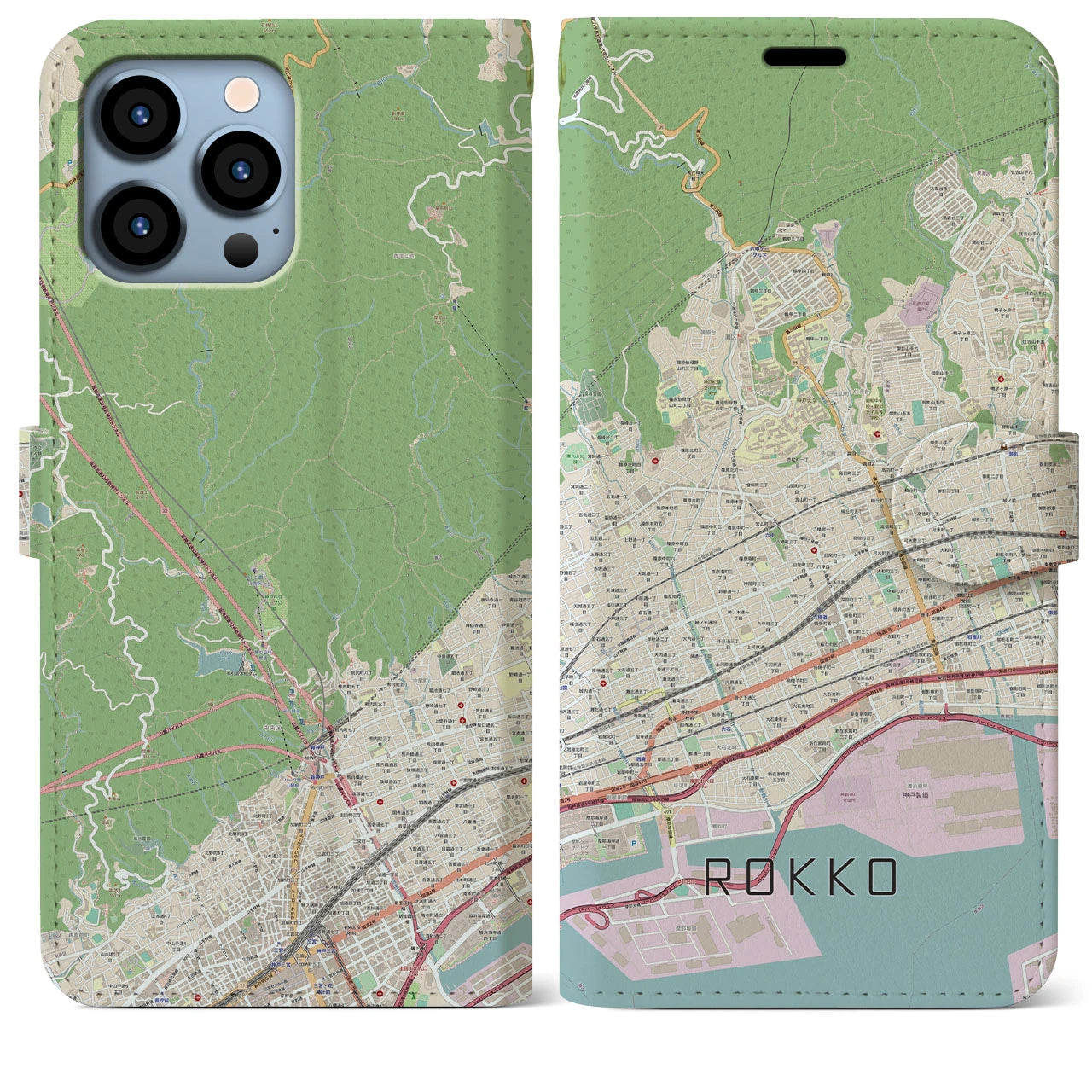【六甲(兵庫県)】地図柄iPhoneケース(手帳タイプ)ナチュラル・iPhone 13 Pro Max 用