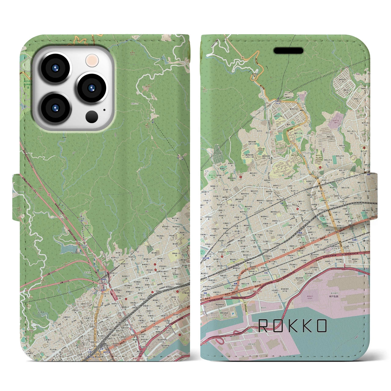 【六甲(兵庫県)】地図柄iPhoneケース(手帳タイプ)ナチュラル・iPhone 13 Pro 用