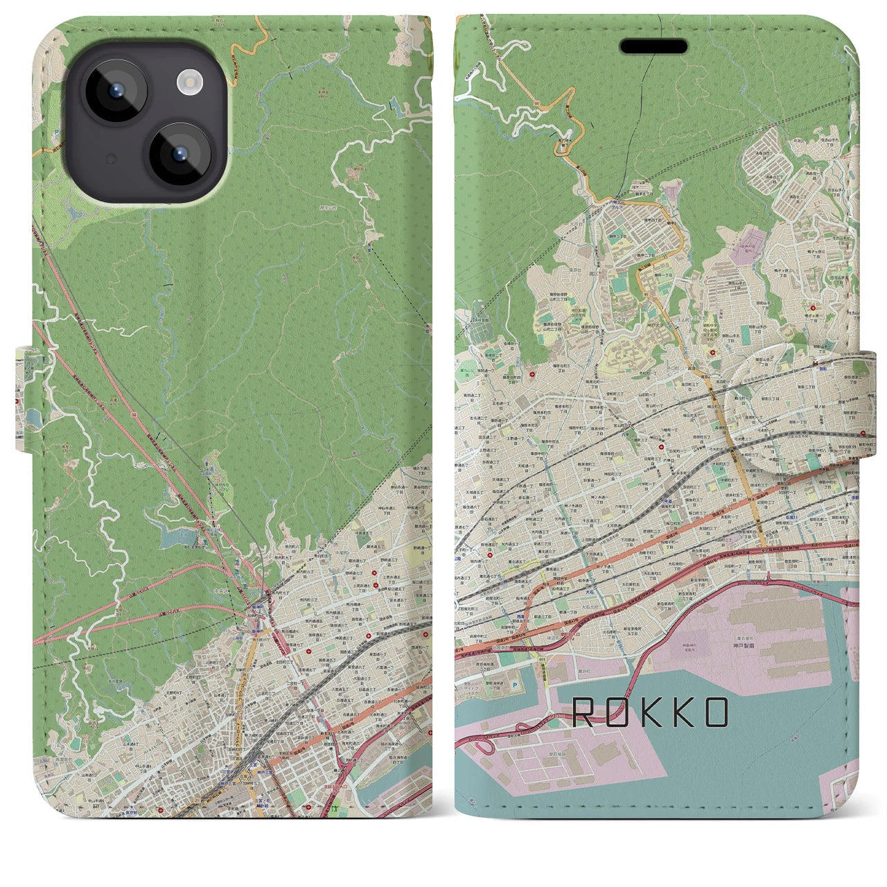【六甲(兵庫県)】地図柄iPhoneケース(手帳タイプ)ナチュラル・iPhone 14 Plus 用