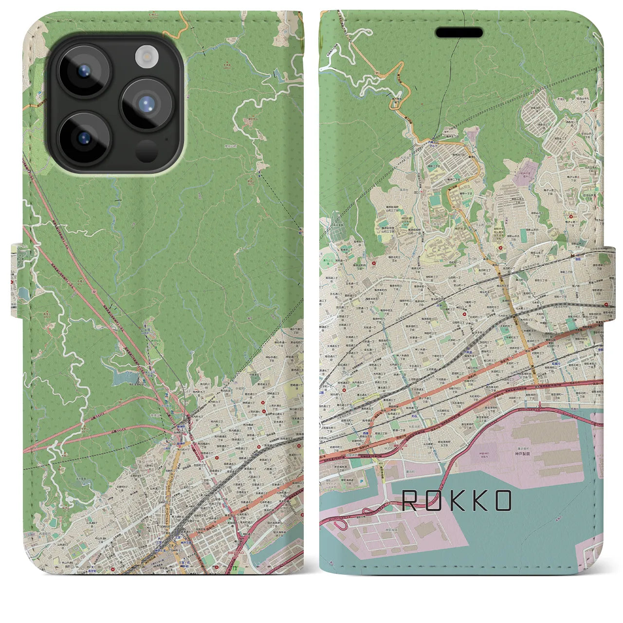 【六甲(兵庫県)】地図柄iPhoneケース(手帳タイプ)ナチュラル・iPhone 15 Pro Max 用