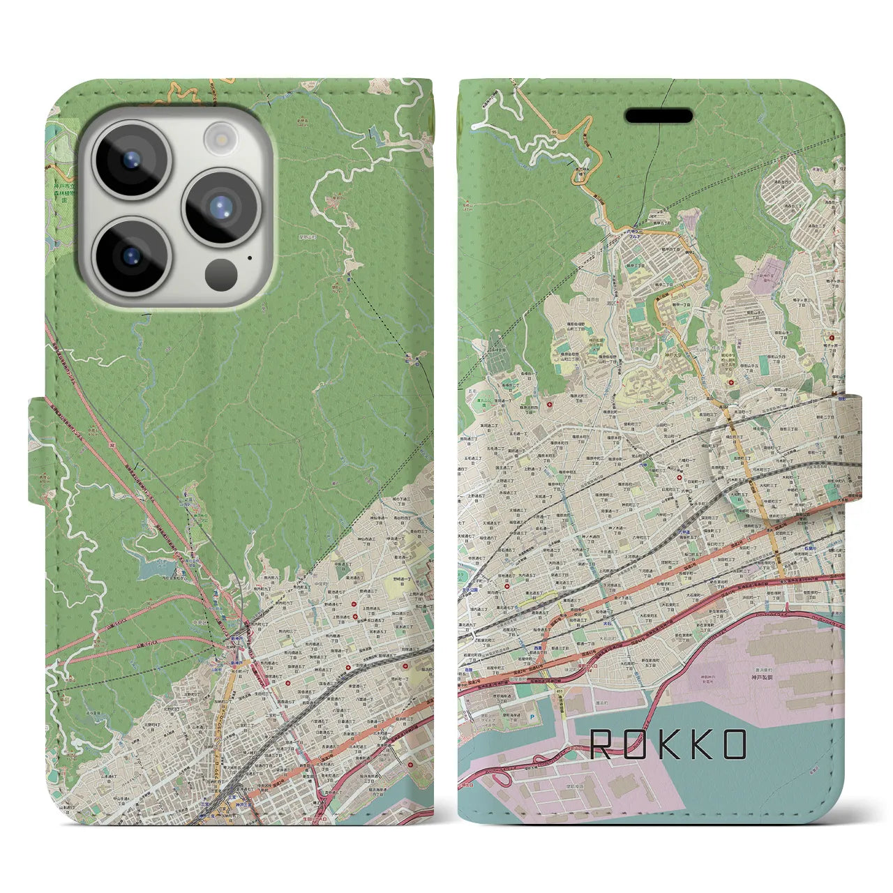 【六甲(兵庫県)】地図柄iPhoneケース(手帳タイプ)ナチュラル・iPhone 15 Pro 用
