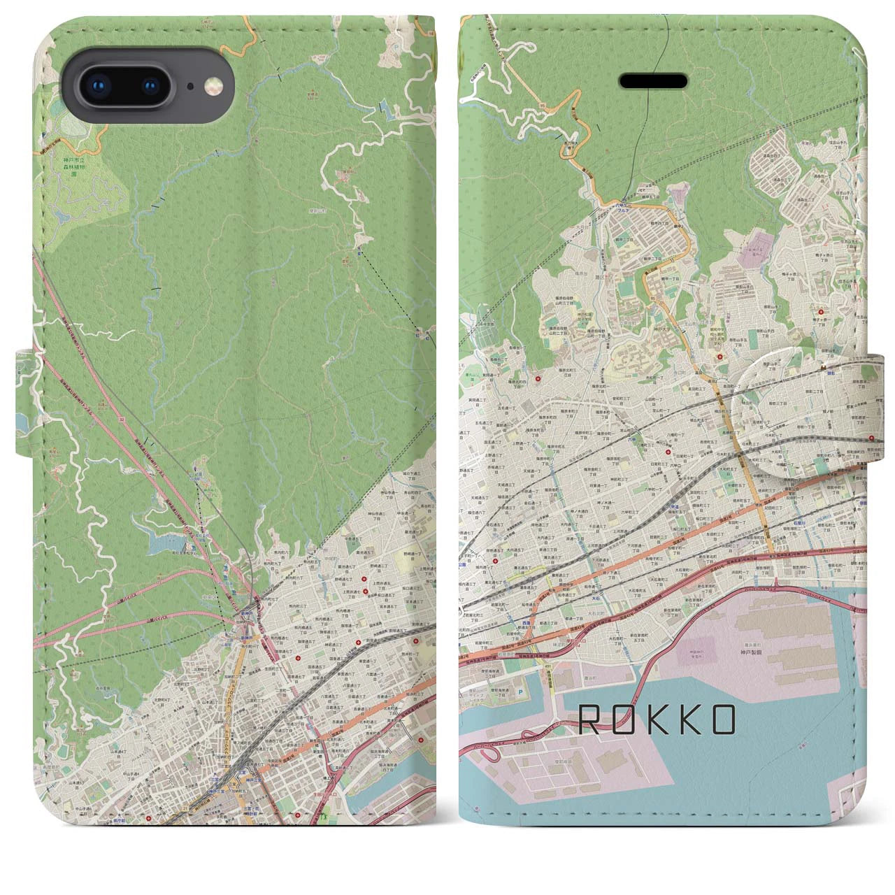【六甲(兵庫県)】地図柄iPhoneケース(手帳タイプ)ナチュラル・iPhone 8Plus /7Plus / 6sPlus / 6Plus 用