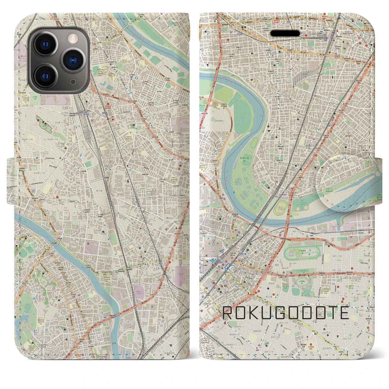 【六郷土手(東京都)】地図柄iPhoneケース(手帳タイプ)ナチュラル・iPhone 11 Pro Max 用