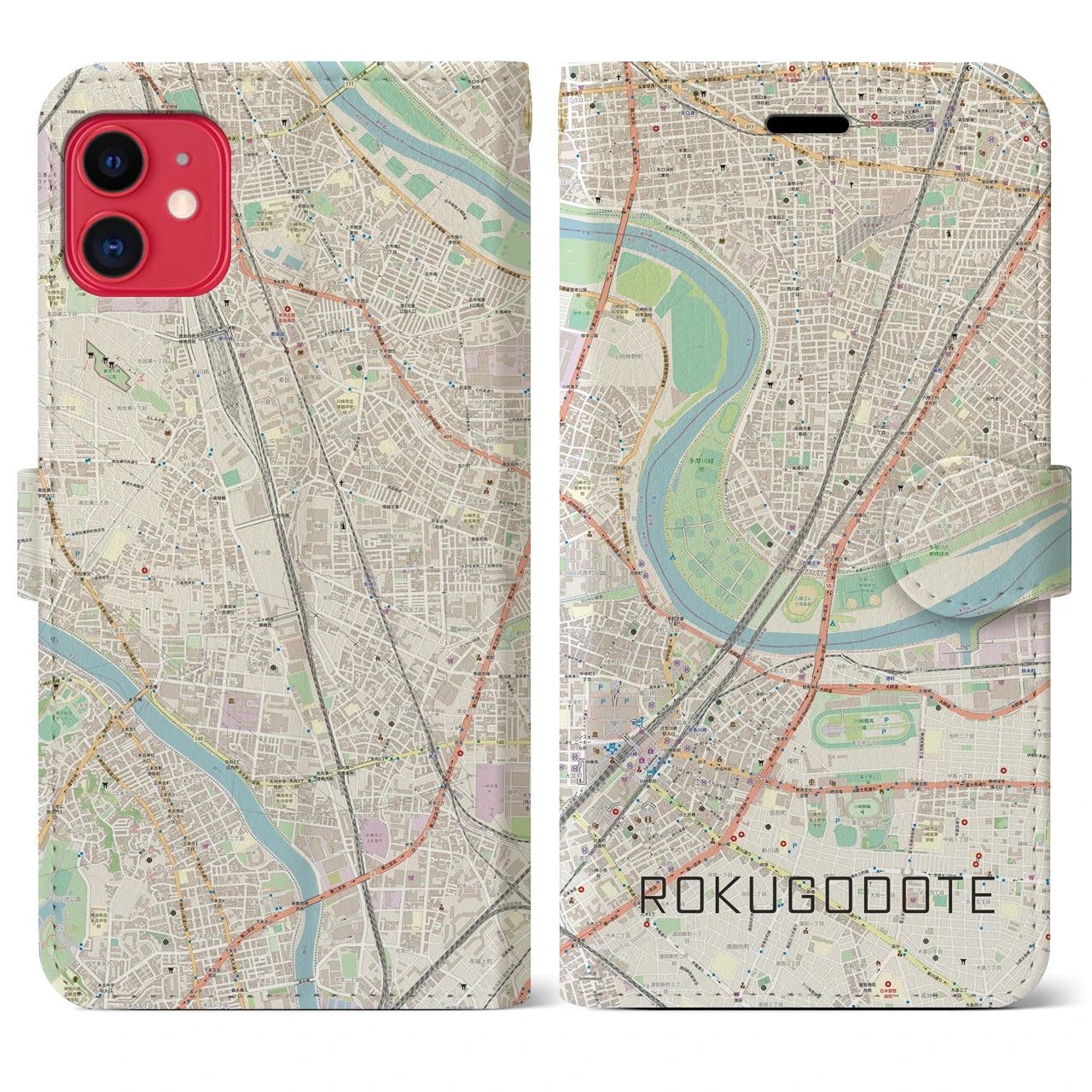 【六郷土手(東京都)】地図柄iPhoneケース(手帳タイプ)ナチュラル・iPhone 11 用