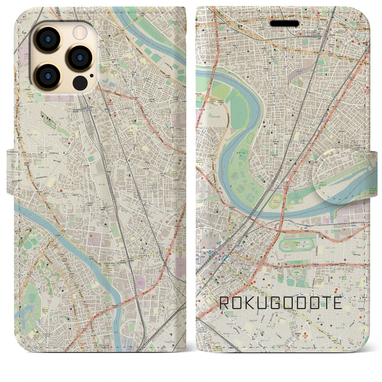 【六郷土手(東京都)】地図柄iPhoneケース(手帳タイプ)ナチュラル・iPhone 12 Pro Max 用