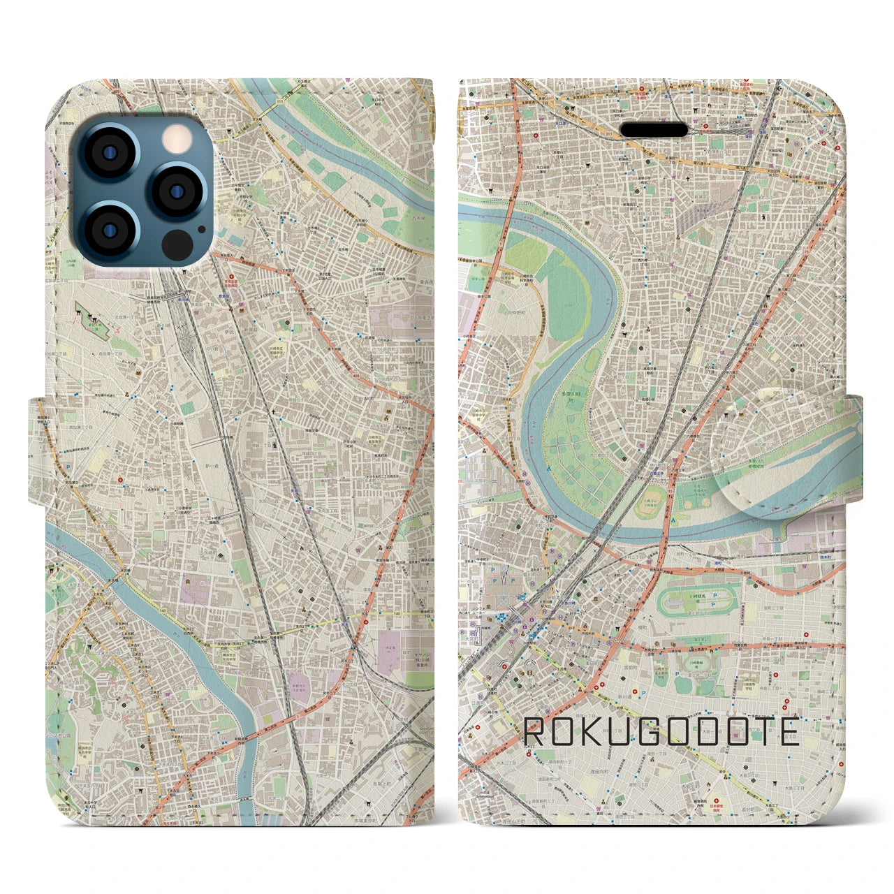 【六郷土手(東京都)】地図柄iPhoneケース(手帳タイプ)ナチュラル・iPhone 12 / 12 Pro 用
