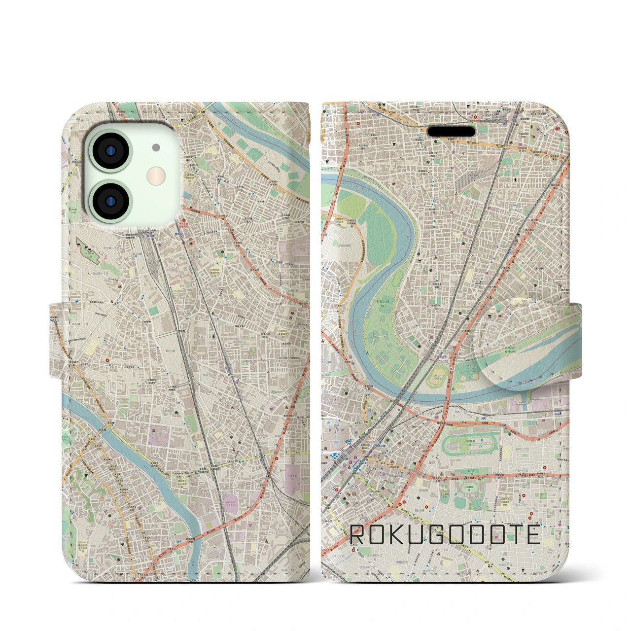 【六郷土手(東京都)】地図柄iPhoneケース(手帳タイプ)ナチュラル・iPhone 12 mini 用