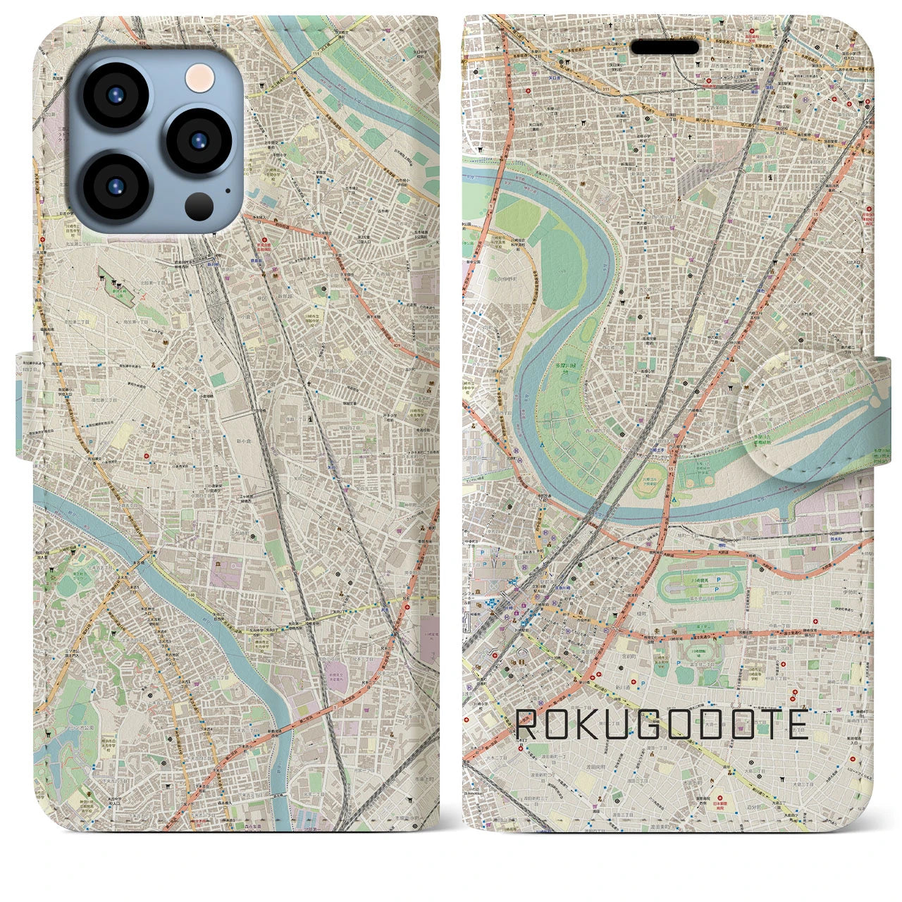 【六郷土手(東京都)】地図柄iPhoneケース(手帳タイプ)ナチュラル・iPhone 13 Pro Max 用